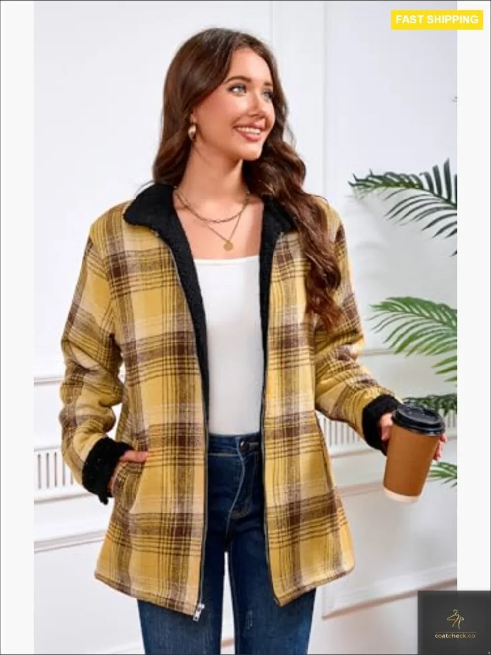 Sherpa Lined Fleece Jacket Plaid Flannel Loose Fit Boyfriend Style Zip Up